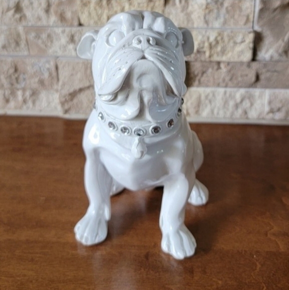 White glossy  english Bulldog figurine rhinestone collar - Picture 13 of 13
